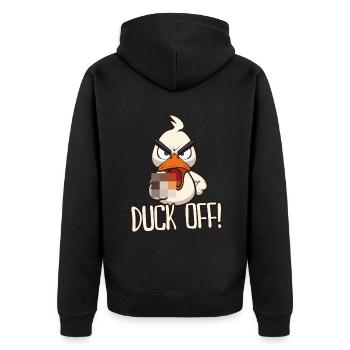 Duck Off! Funny duck with middle finger saying - Unisex Premium Organic Zip Hoodie - black - Back - Nico (187cm)
