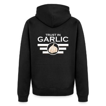 Trust in Garlic - Unisex Premium Bio Zip Hoodie - Schwarz - Hinten - Nico (187cm)