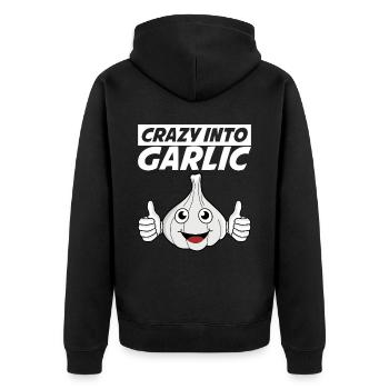 Crazy into Garlic - Unisex Premium Bio Zip Hoodie - Schwarz - Hinten - Nico (187cm)