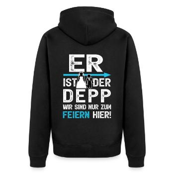 JGA T-Shirt Männer Junggesellenabschied Polterer - Unisex Premium Bio Zip Hoodie - Schwarz - Hinten - Nico (187cm)