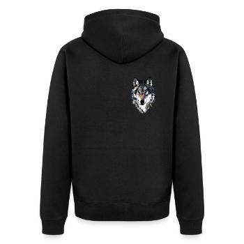 Wolfskopf wildes Tier Motiv Aufdruck mit Wolf - Unisex Premium Bio Zip Hoodie - Schwarz - Hinten - Nico (187cm)
