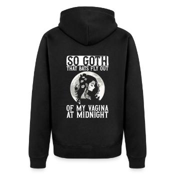 Goth Gothic Fledermäuse Vagina Spruch - Unisex Premium Bio Zip Hoodie - Schwarz - Hinten - Nico (187cm)