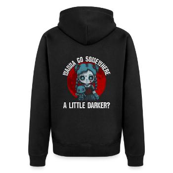 Willst du an einen dunkleren Ort gehen? Grufti - Unisex Premium Bio Zip Hoodie - Schwarz - Hinten - Nico (187cm)