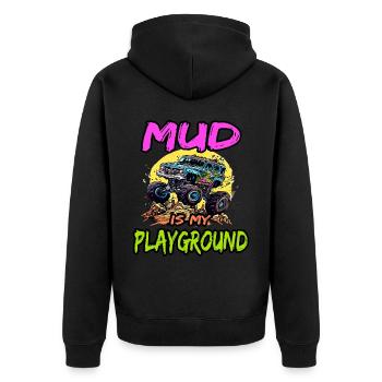 Mud Is My Playground für Offroad Fans - Unisex Premium Bio Zip Hoodie - Schwarz - Hinten - Nico (187cm)