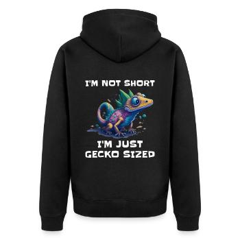 "I'm Not Short, I'm Just Gecko Sized" Cute Gecko - Unisex Premium Organic Zip Hoodie - black - Back - Nico (187cm)