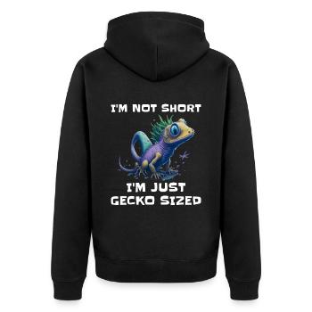 "I'm Not Short, I'm Just Gecko Sized" Cute Gecko - Unisex Premium Organic Zip Hoodie - black - Back - Nico (187cm)
