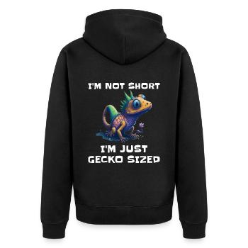 "I'm Not Short, I'm Just Gecko Sized" Cute Gecko - Unisex Premium Organic Zip Hoodie - black - Back - Nico (187cm)