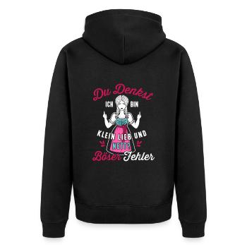 Du denkst ich bin klein lieb und nett Dirndl - Unisex Premium Bio Zip Hoodie - Schwarz - Hinten - Nico (187cm)