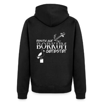 Borkum Urlaub lustig Anker - Unisex Premium Bio Zip Hoodie - Schwarz - Hinten - Nico (187cm)
