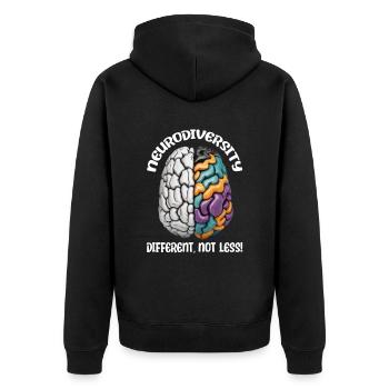 "Different, Not Less" Neurodiversity - Unisex Premium Organic Zip Hoodie - black - Back - Nico (187cm)