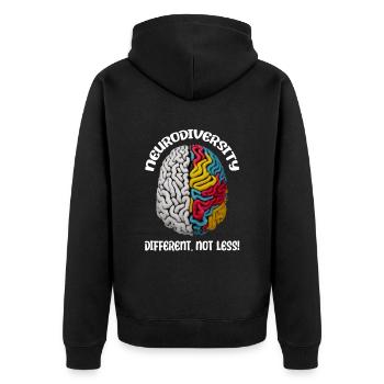 "Different, Not Less" Neurodiversity - Unisex Premium Organic Zip Hoodie - black - Back - Nico (187cm)