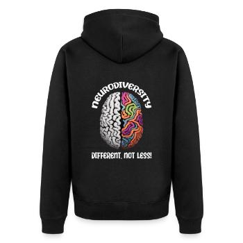 "Different, Not Less" Neurodiversity - Unisex Premium Bio Zip Hoodie - Schwarz - Hinten - Nico (187cm)