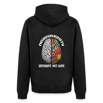 "Different, Not Less" Neurodiversity - Unisex Premium Organic Zip Hoodie - black - Back - Nico (187cm)