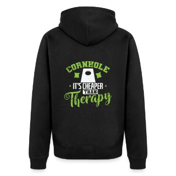 Cornhole it's cheaper than Therapy Hobby - Unisex Premium Bio Zip Hoodie - Schwarz - Hinten - Nico (187cm)