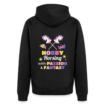 Passion & Fantasy Hobby Horsing - Unisex Premium Bio Zip Hoodie - Schwarz - Hinten - Nico (187cm)