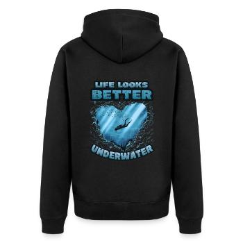 Das Leben Sieht Unter Wasser Besser Aus, Tauchen - Unisex Premium Bio Zip Hoodie - Schwarz - Hinten - Nico (187cm)