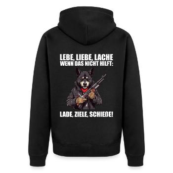 Lebe Liebe Lache Wenn das nicht hilft lade ziele - Unisex Premium Bio Zip Hoodie - Schwarz - Hinten - Nico (187cm)
