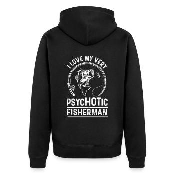 Ich liebe meinen sehr psychotischen Angler - Unisex Premium Bio Zip Hoodie - Schwarz - Hinten - Nico (187cm)