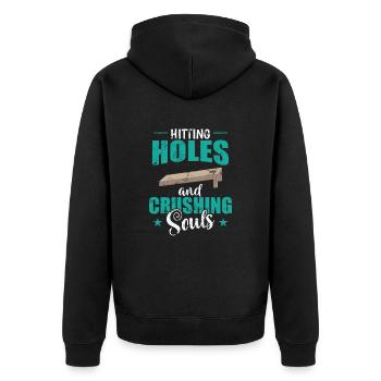 Hitting Holes and Crushing Souls Cornhole - Unisex Premium Organic Zip Hoodie - black - Back - Nico (187cm)