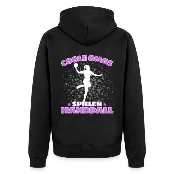 COOLE OMAS SPIELEN HANDBALL Handballer - Unisex Premium Bio Zip Hoodie - Schwarz - Hinten - Nico (187cm)
