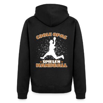 COOLE OPAS SPIELEN HANDBALL Handballer - Unisex Premium Bio Zip Hoodie - Schwarz - Hinten - Nico (187cm)