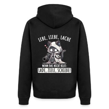 Lebe Liebe Lache Wenn das nicht hilft lade ziele - Unisex Premium Bio Zip Hoodie - Schwarz - Hinten - Nico (187cm)