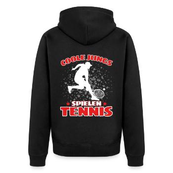 COOLE JUNGS SPIELEN TENNIS Das Lustige - Unisex Premium Bio Zip Hoodie - Schwarz - Hinten - Nico (187cm)