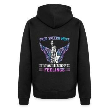 Free Speech More Important Than Your Feelings - Unisex Premium Bio Zip Hoodie - Schwarz - Hinten - Nico (187cm)