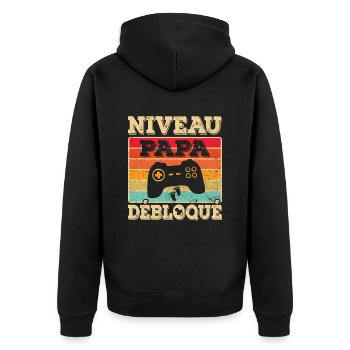 Annonce Grossesse Futur Papa Niveau Papa Débloqué - Veste à capuche bio Premium Unisexe - noir - Dos - Nico (187cm)