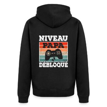 Futur Papa Annonce Grossesse Niveau Papa Débloqué - Veste à capuche bio Premium Unisexe - noir - Dos - Nico (187cm)