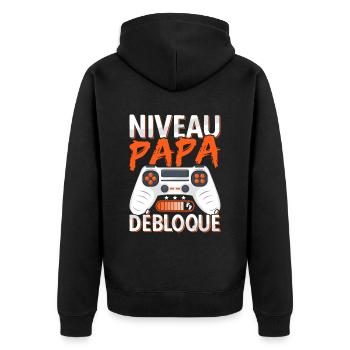 Annonce Grossesse Futur Papa Niveau Papa Débloqué - Veste à capuche bio Premium Unisexe - noir - Dos - Nico (187cm)