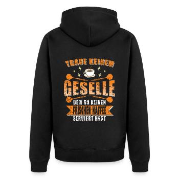 Lehrjahre Geselle Kaffee Dart - Unisex Premium Bio Zip Hoodie - Schwarz - Hinten - Nico (187cm)