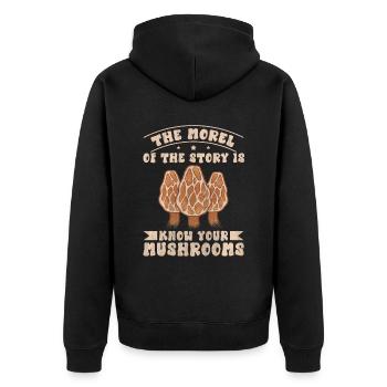 The Morel Of The Story Is Know Your Mushrooms - Unisex Premium Organic Zip Hoodie - black - Back - Nico (187cm)