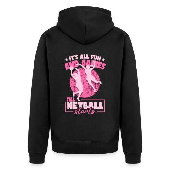 Lustiger Netball-Spieler - Unisex Premium Bio Zip Hoodie - Schwarz - Hinten - Nico (187cm)