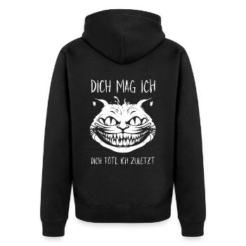 Dich mag ich, dich töte ich zuletzt - Grinsekatze - Unisex Premium Bio Zip Hoodie - Schwarz - Hinten - Nico (187cm)