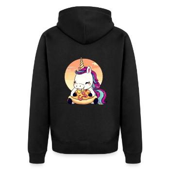 Licorne mangeant une pizza au coucher du soleil - Veste à capuche bio Premium Unisexe - noir - Dos - Nico (187cm)