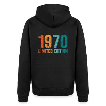 Limitierte Edition Jahrgang 1970 Retro Design - Unisex Premium Bio Zip Hoodie - Schwarz - Hinten - Nico (187cm)