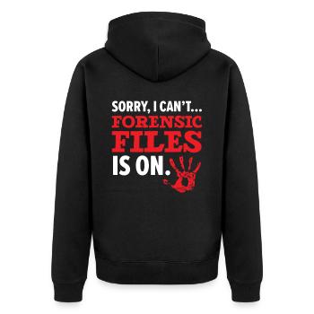 Tut mir leid, ich kann nicht Forensik Datei ist an - Unisex Premium Bio Zip Hoodie - Schwarz - Hinten - Nico (187cm)