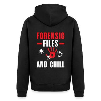 Forensische Akten und Chill Forensische Wissenscha - Unisex Premium Bio Zip Hoodie - Schwarz - Hinten - Nico (187cm)