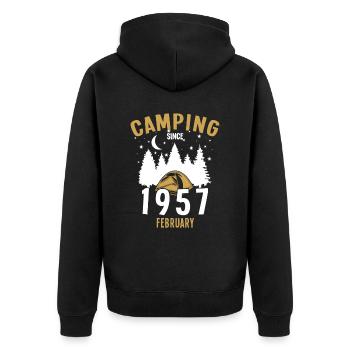 Geburtstag: Camping seit Februar 1957 Zelten - Unisex Premium Bio Zip Hoodie - Schwarz - Hinten - Nico (187cm)