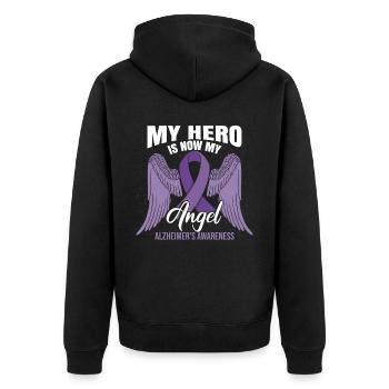 Lila Band | Bewusstsein für Alzheimer - Unisex Premium Bio Zip Hoodie - Schwarz - Hinten - Nico (187cm)