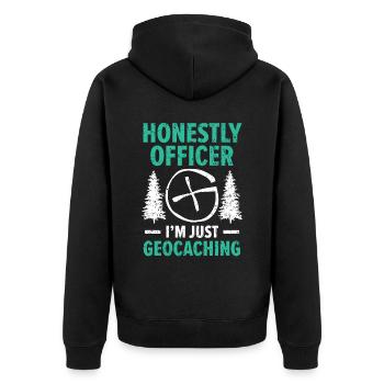 Honest Officer, I'm just geocaching geocache - Unisex Premium Organic Zip Hoodie - black - Back - Nico (187cm)