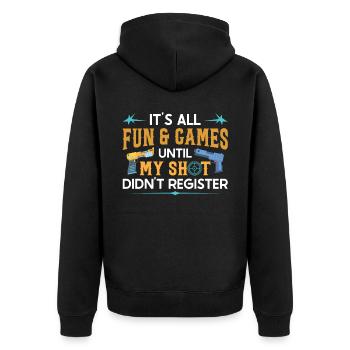 It's Fun Until My Shot Didn't Register - Laser Tag - Unisex Premium Bio Zip Hoodie - Schwarz - Hinten - Nico (187cm)
