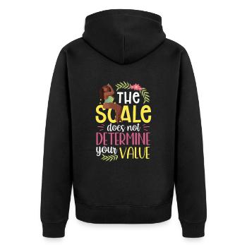 Die Waage Bestimmt Nicht Deinen Wert Bodyshaming - Unisex Premium Bio Zip Hoodie - Schwarz - Hinten - Nico (187cm)