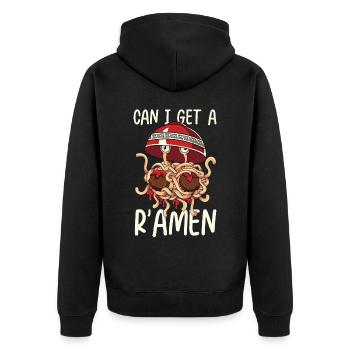 Fliegendes Spaghettimonster FSM Pastafarian - Unisex Premium Bio Zip Hoodie - Schwarz - Hinten - Nico (187cm)