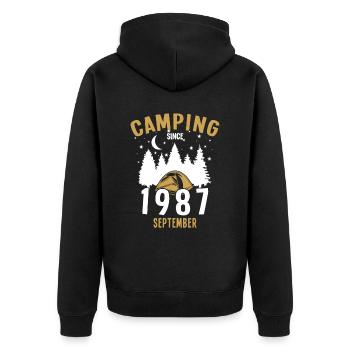 Date de naissance : Camping depuis septembre 1987 Camping - Veste à capuche bio Premium Unisexe - noir - Dos - Nico (187cm)