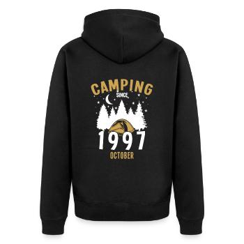 Date de naissance : Camping depuis octobre 1997 Camping - Veste à capuche bio Premium Unisexe - noir - Dos - Nico (187cm)