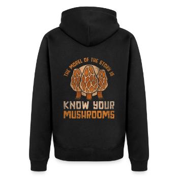 The Morel Of The Story Is Know Your Mushrooms - Unisex Premium Organic Zip Hoodie - black - Back - Nico (187cm)