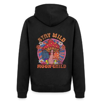 Stay Wild Moon Child Hippie Mushroom - Unisex Premium Bio Zip Hoodie - Schwarz - Hinten - Nico (187cm)