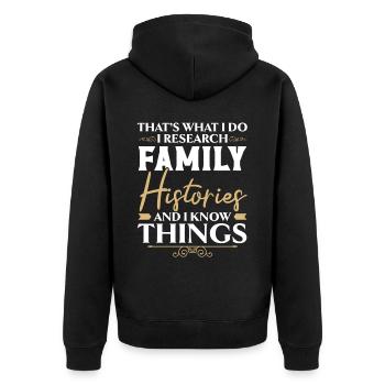 Ich erforsche Familiengeschichten und ich weiß Din - Unisex Premium Bio Zip Hoodie - Schwarz - Hinten - Nico (187cm)